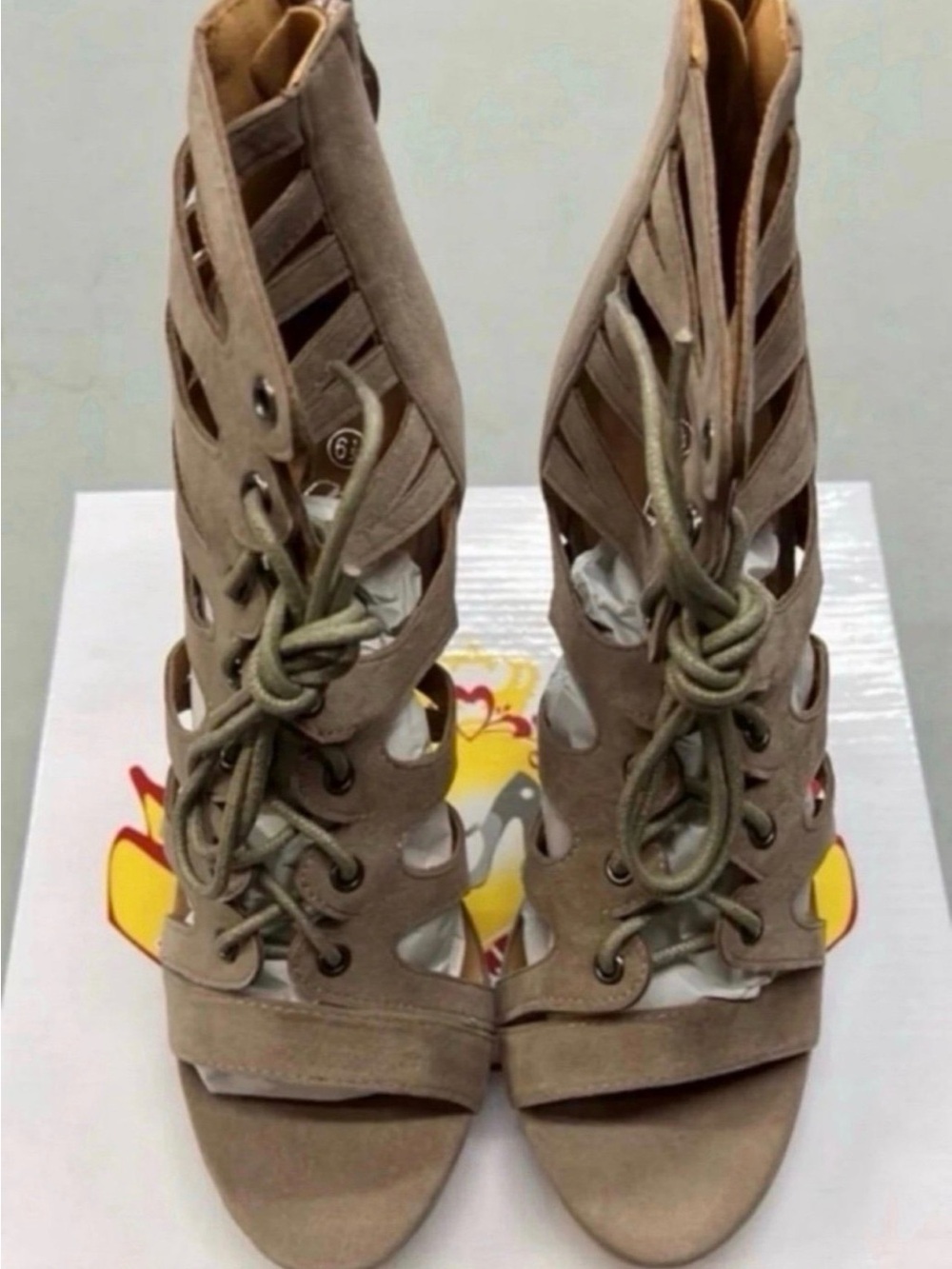 West Blvd Taupe Lace-Up Cutout Heeled Sandals
